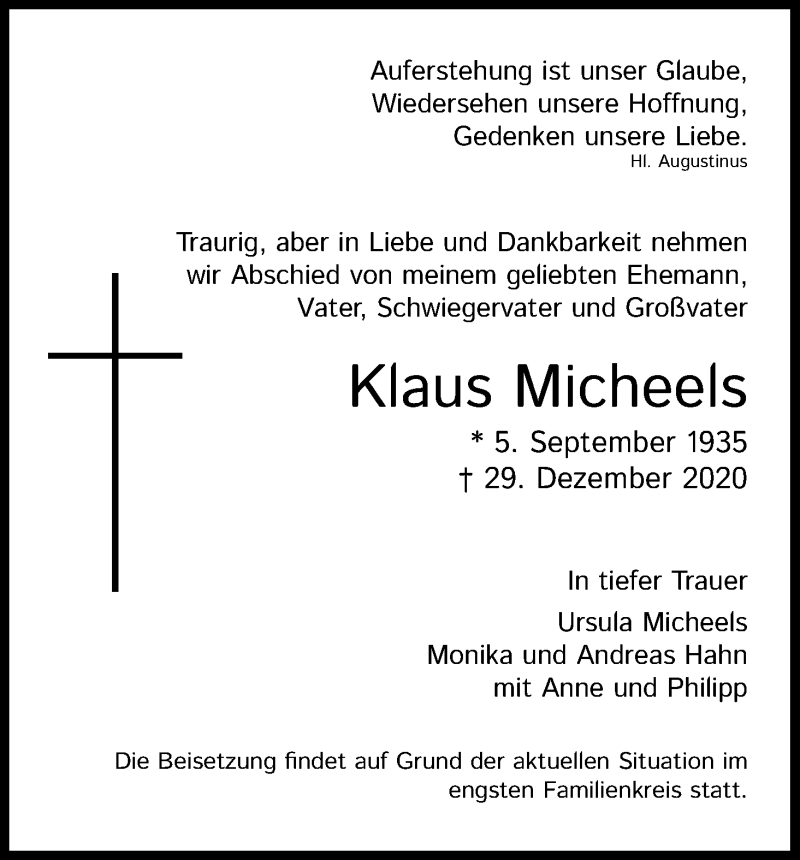  Traueranzeige für Klaus Micheels vom 09.01.2021 aus Kölner Stadt-Anzeiger / Kölnische Rundschau / Express
