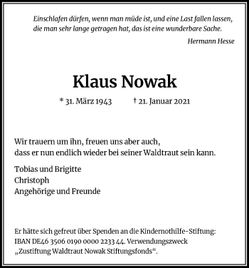Anzeige von Klaus Nowak von Kölner Stadt-Anzeiger / Kölnische Rundschau / Express