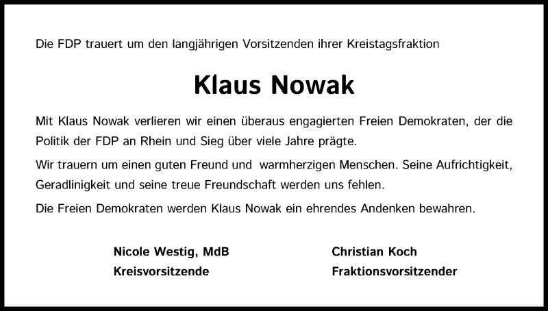  Traueranzeige für Klaus Nowak vom 30.01.2021 aus Kölner Stadt-Anzeiger / Kölnische Rundschau / Express