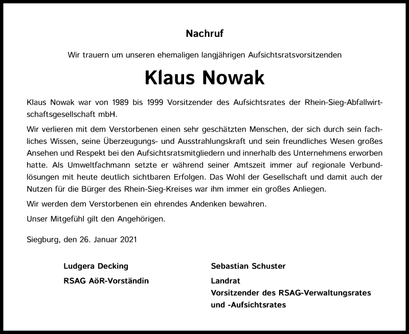  Traueranzeige für Klaus Nowak vom 30.01.2021 aus Kölner Stadt-Anzeiger / Kölnische Rundschau / Express