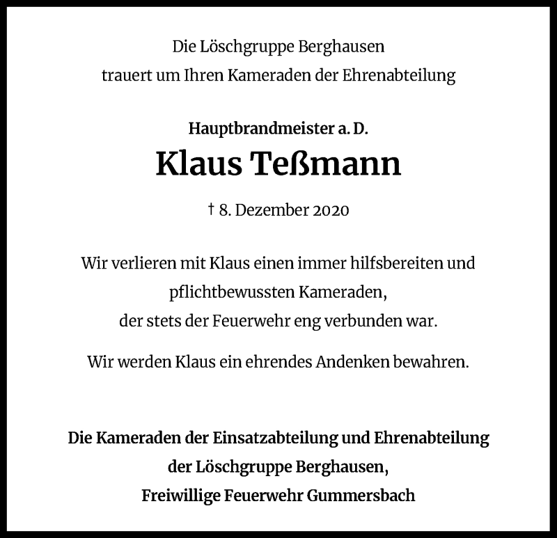 Traueranzeige für Klaus Teßmann vom 09.01.2021 aus Kölner Stadt-Anzeiger / Kölnische Rundschau / Express