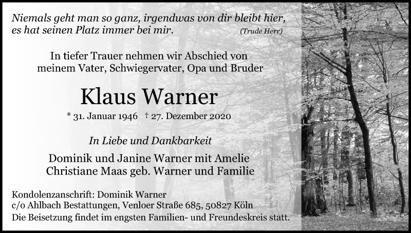  Traueranzeige für Klaus Warner vom 09.01.2021 aus Kölner Stadt-Anzeiger / Kölnische Rundschau / Express
