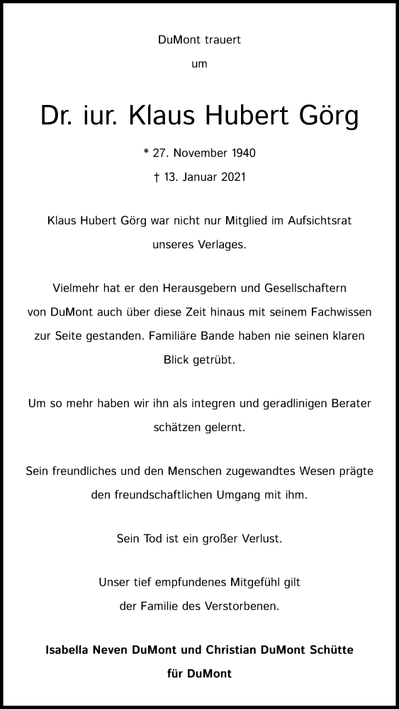  Traueranzeige für Klaus Hubert Görg vom 23.01.2021 aus Kölner Stadt-Anzeiger / Kölnische Rundschau / Express