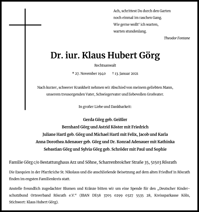  Traueranzeige für Klaus Hubert Görg vom 16.01.2021 aus Kölner Stadt-Anzeiger / Kölnische Rundschau / Express