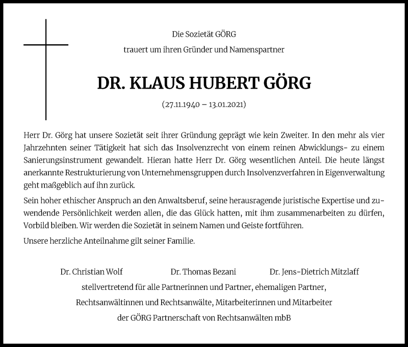  Traueranzeige für Klaus Hubert Görg vom 23.01.2021 aus Kölner Stadt-Anzeiger / Kölnische Rundschau / Express