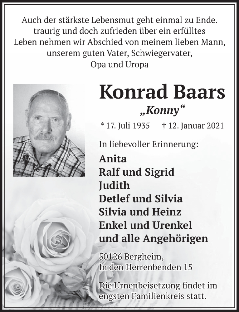  Traueranzeige für Konrad Baars vom 22.01.2021 aus  Werbepost 