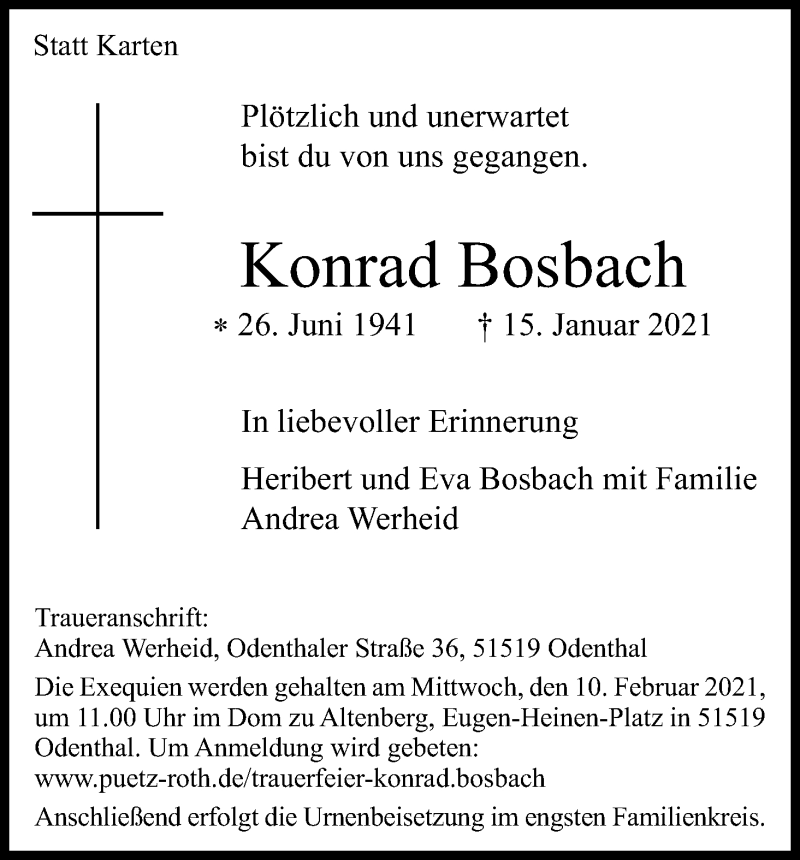  Traueranzeige für Konrad Bosbach vom 30.01.2021 aus Kölner Stadt-Anzeiger / Kölnische Rundschau / Express