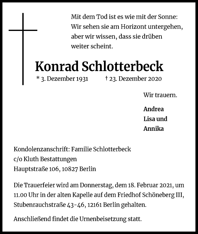  Traueranzeige für Konrad Schlotterbeck vom 09.01.2021 aus Kölner Stadt-Anzeiger / Kölnische Rundschau / Express