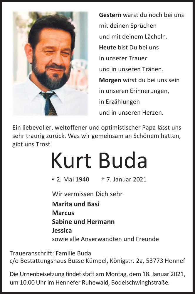  Traueranzeige für Kurt Buda vom 13.01.2021 aus Kölner Stadt-Anzeiger / Kölnische Rundschau / Express