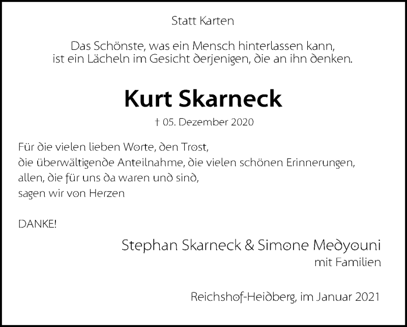  Traueranzeige für Kurt Skarneck vom 26.01.2021 aus Kölner Stadt-Anzeiger / Kölnische Rundschau / Express