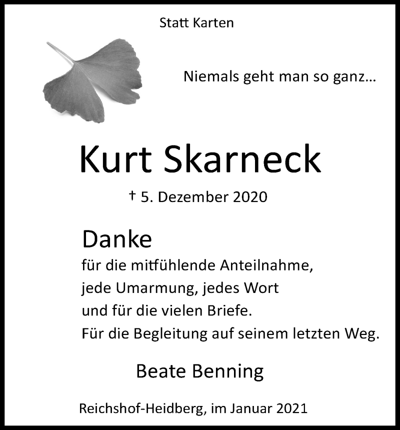 Traueranzeige für Kurt Skarneck vom 27.01.2021 aus Kölner Stadt-Anzeiger / Kölnische Rundschau / Express