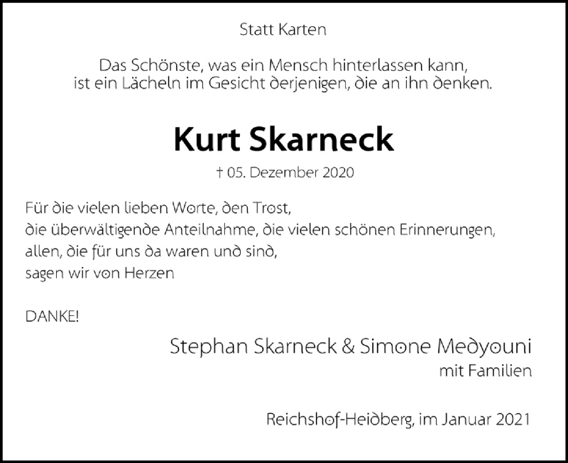  Traueranzeige für Kurt Skarneck vom 29.01.2021 aus  Anzeigen Echo 