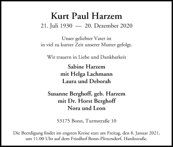 Anzeige von Kurt Paul Harzem von Kölner Stadt-Anzeiger / Kölnische Rundschau / Express