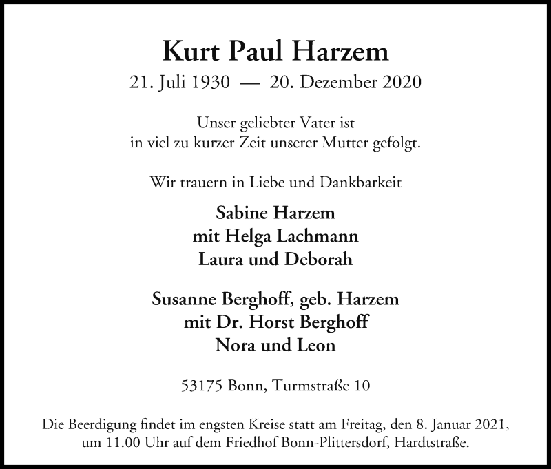  Traueranzeige für Kurt Paul Harzem vom 02.01.2021 aus Kölner Stadt-Anzeiger / Kölnische Rundschau / Express