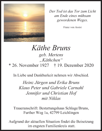 Anzeige von Käthe Bruns von Kölner Stadt-Anzeiger / Kölnische Rundschau / Express