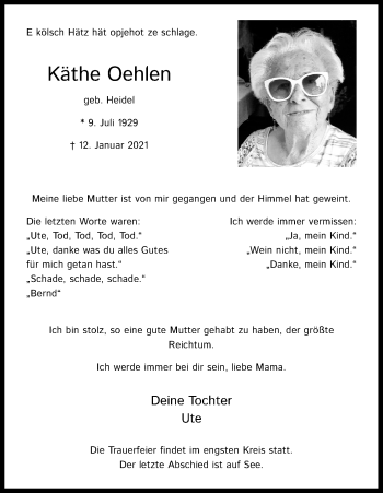 Anzeige von Käthe Oehlen von Kölner Stadt-Anzeiger / Kölnische Rundschau / Express