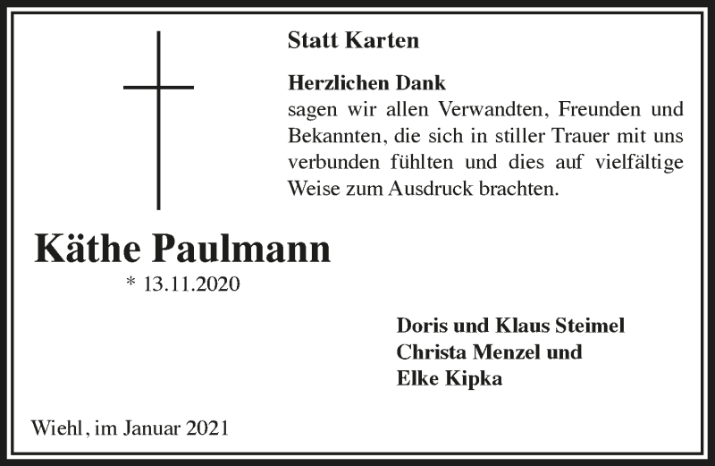  Traueranzeige für Käthe Paulmann vom 08.01.2021 aus  Anzeigen Echo  Lokalanzeiger 