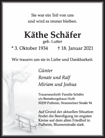 Anzeige von Käthe Schäfer von  Wochenende 