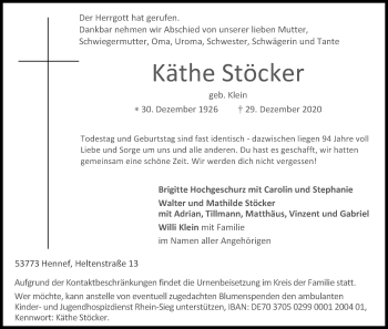 Anzeige von Käthe Stöcker von Kölner Stadt-Anzeiger / Kölnische Rundschau / Express