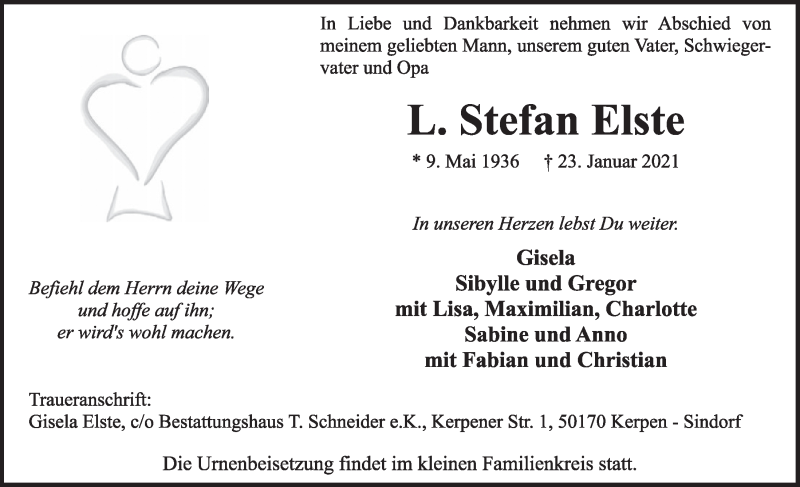  Traueranzeige für L. Stefan Elste vom 29.01.2021 aus  Werbepost 
