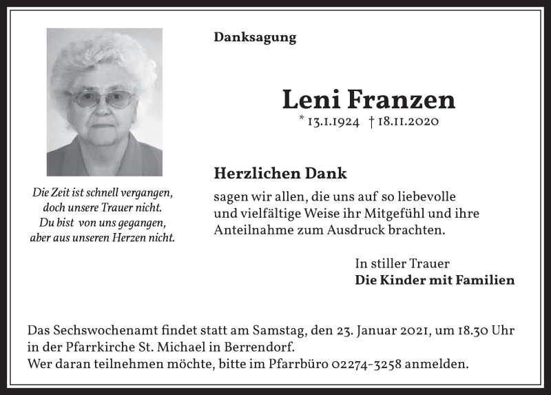  Traueranzeige für Leni Franzen vom 15.01.2021 aus  Werbepost 