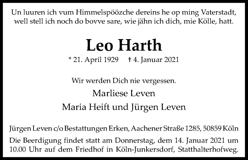  Traueranzeige für Leo Harth vom 09.01.2021 aus Kölner Stadt-Anzeiger / Kölnische Rundschau / Express