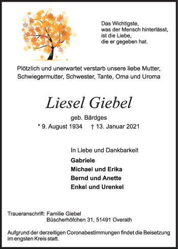 Anzeige von Liesel Giebel von Kölner Stadt-Anzeiger / Kölnische Rundschau / Express