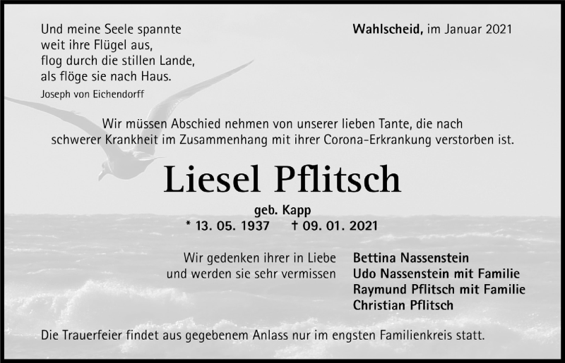 Traueranzeige für Liesel Pflitsch vom 29.01.2021 aus  Anzeigen Echo 