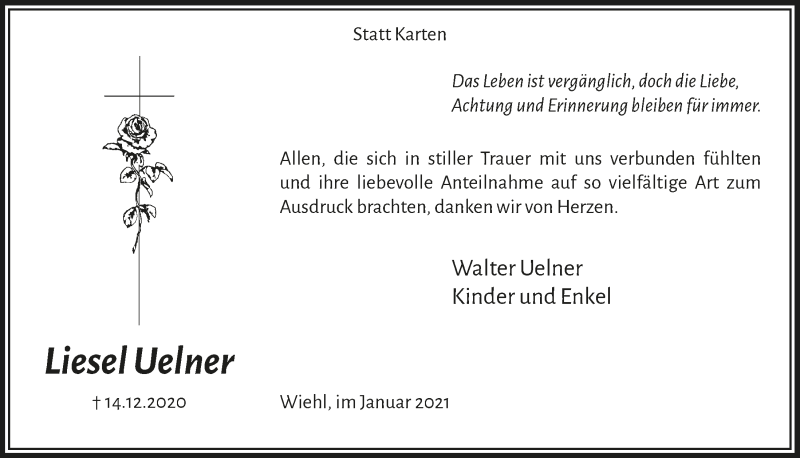  Traueranzeige für Liesel Uelner vom 22.01.2021 aus  Anzeigen Echo 