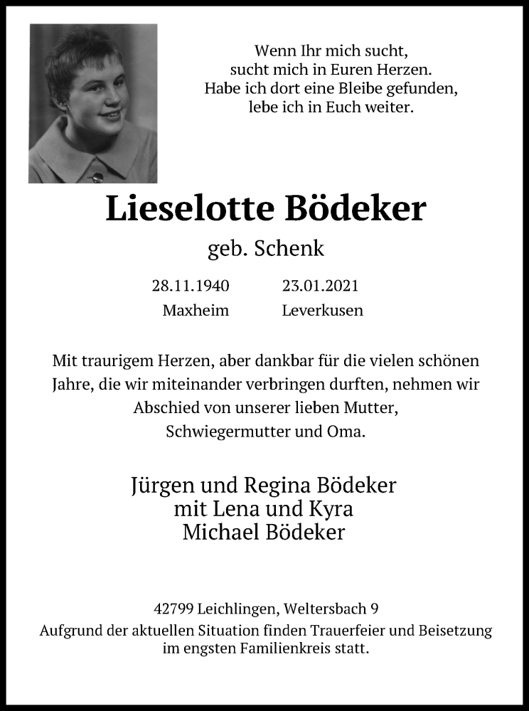  Traueranzeige für Lieselotte Bödeker vom 30.01.2021 aus Kölner Stadt-Anzeiger / Kölnische Rundschau / Express