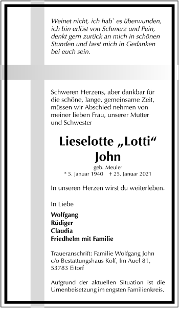 Anzeige von Lieselotte John von Kölner Stadt-Anzeiger / Kölnische Rundschau / Express