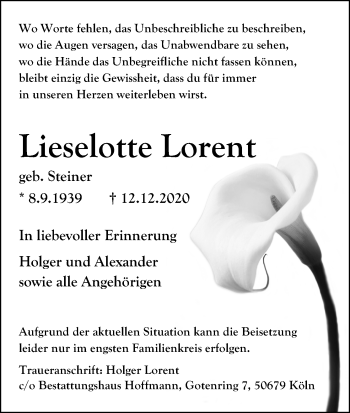 Anzeige von Lieselotte Lorent von Kölner Stadt-Anzeiger / Kölnische Rundschau / Express