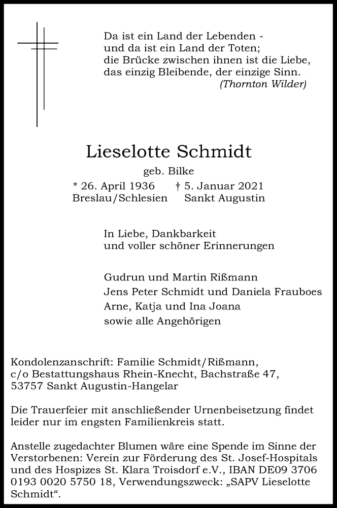  Traueranzeige für Lieselotte Schmidt vom 09.01.2021 aus Kölner Stadt-Anzeiger / Kölnische Rundschau / Express