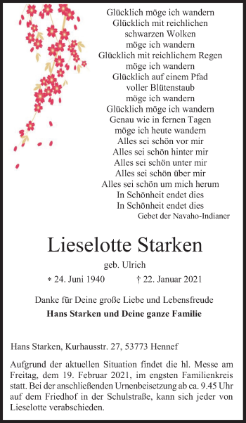 Anzeige von Lieselotte Starken von Kölner Stadt-Anzeiger / Kölnische Rundschau / Express