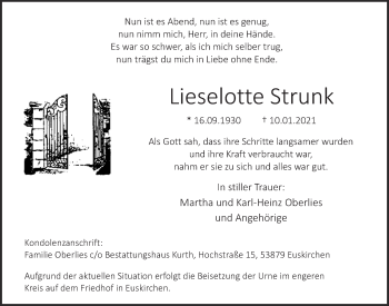 Anzeige von Lieselotte Strunk von  Blickpunkt Euskirchen 