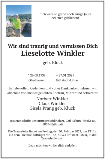 Anzeige von Lieselotte Winkler von Kölner Stadt-Anzeiger / Kölnische Rundschau / Express