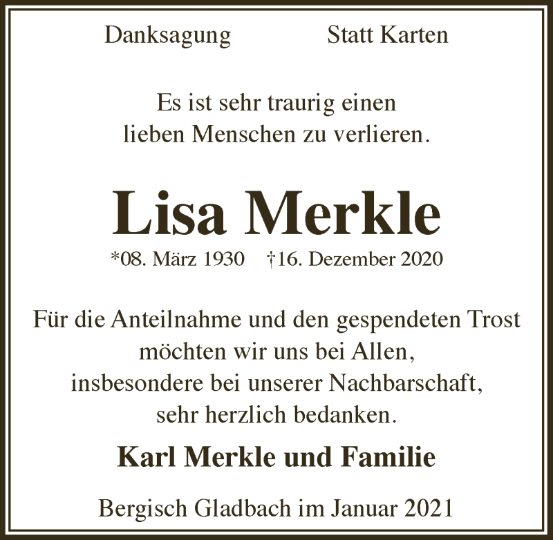  Traueranzeige für Lisa Merkle vom 08.01.2021 aus  Bergisches Handelsblatt 