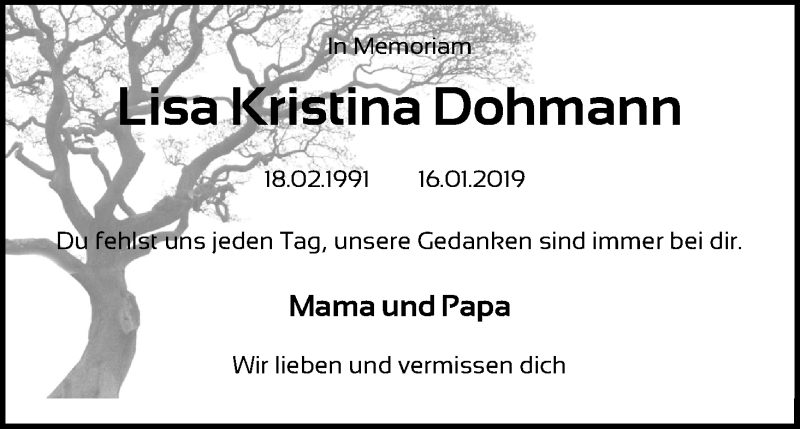  Traueranzeige für Lisa Kristina Dohmann vom 16.01.2021 aus Kölner Stadt-Anzeiger / Kölnische Rundschau / Express