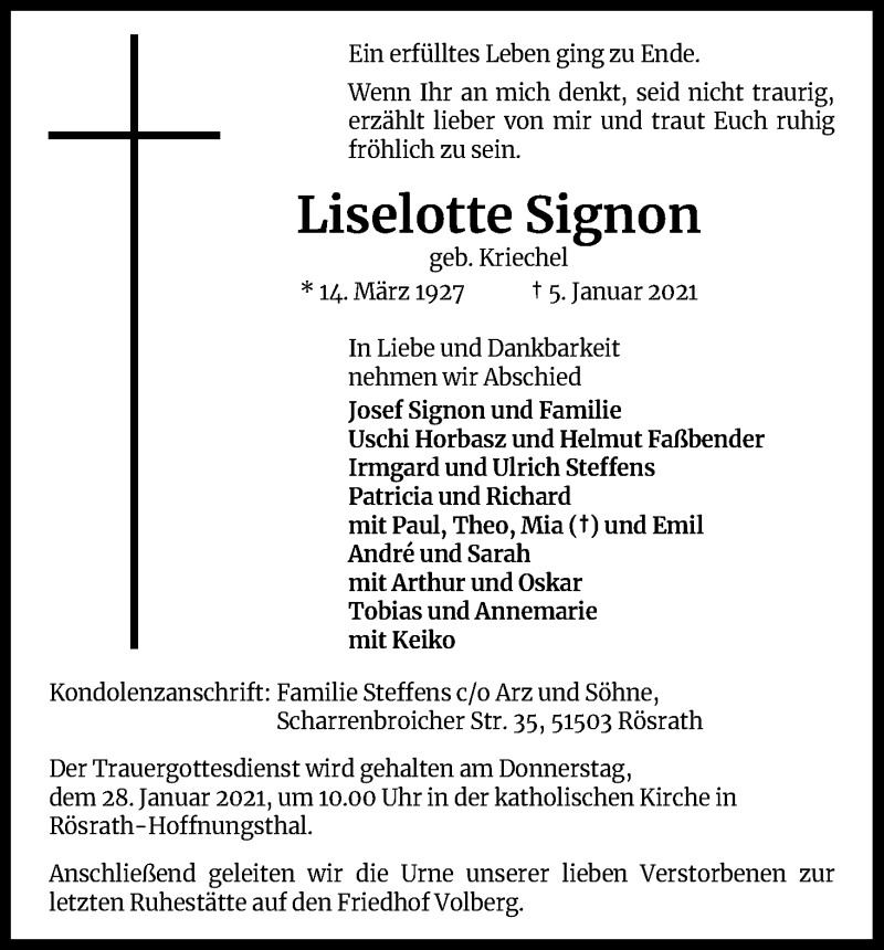  Traueranzeige für Liselotte Signon vom 25.01.2021 aus Kölner Stadt-Anzeiger / Kölnische Rundschau / Express