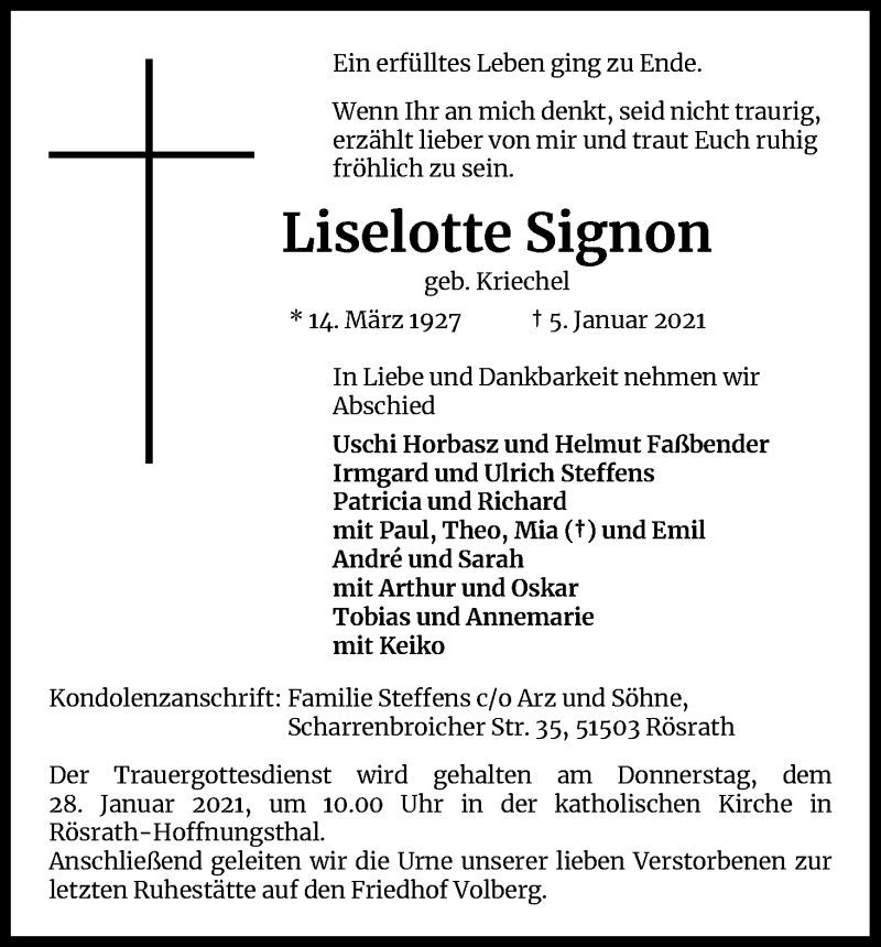  Traueranzeige für Liselotte Signon vom 23.01.2021 aus Kölner Stadt-Anzeiger / Kölnische Rundschau / Express