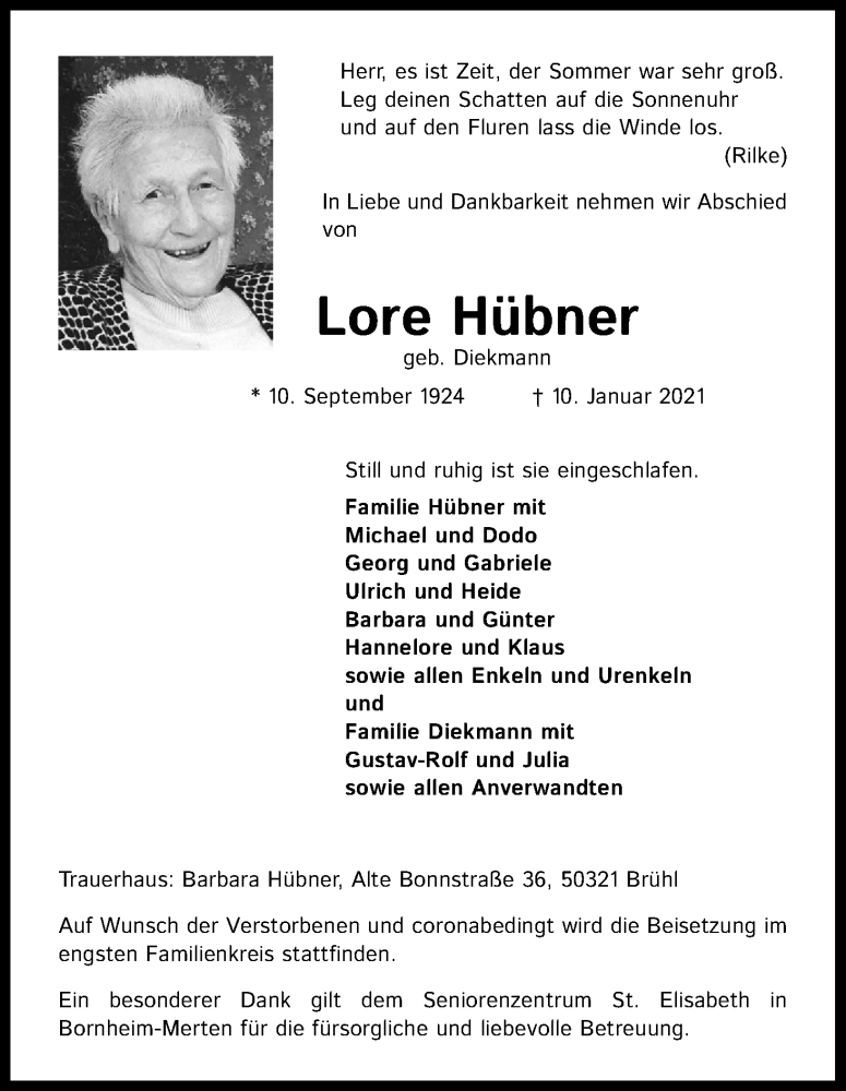  Traueranzeige für Lore Hübner vom 16.01.2021 aus Kölner Stadt-Anzeiger / Kölnische Rundschau / Express