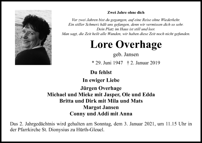  Traueranzeige für Lore Overhage vom 02.01.2021 aus Kölner Stadt-Anzeiger / Kölnische Rundschau / Express