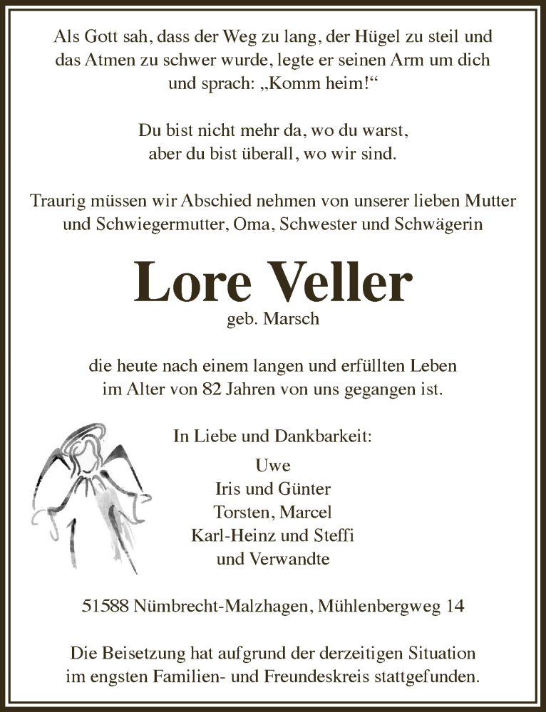  Traueranzeige für Lore Veller vom 29.01.2021 aus  Anzeigen Echo  Lokalanzeiger 