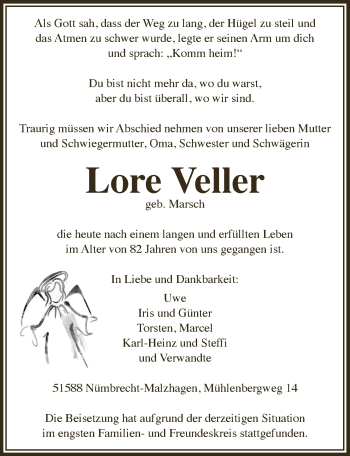 Anzeige von Lore Veller von  Anzeigen Echo  Lokalanzeiger 