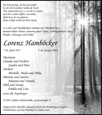 Anzeige von Lorenz Hamböcker von Kölner Stadt-Anzeiger / Kölnische Rundschau / Express