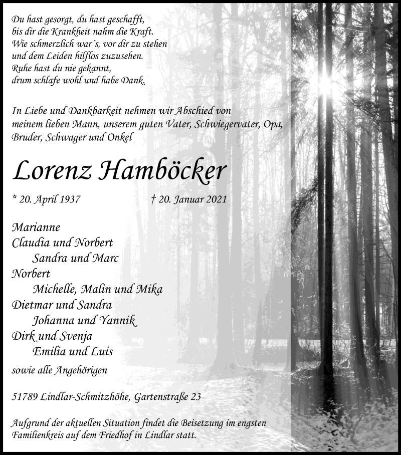  Traueranzeige für Lorenz Hamböcker vom 30.01.2021 aus Kölner Stadt-Anzeiger / Kölnische Rundschau / Express