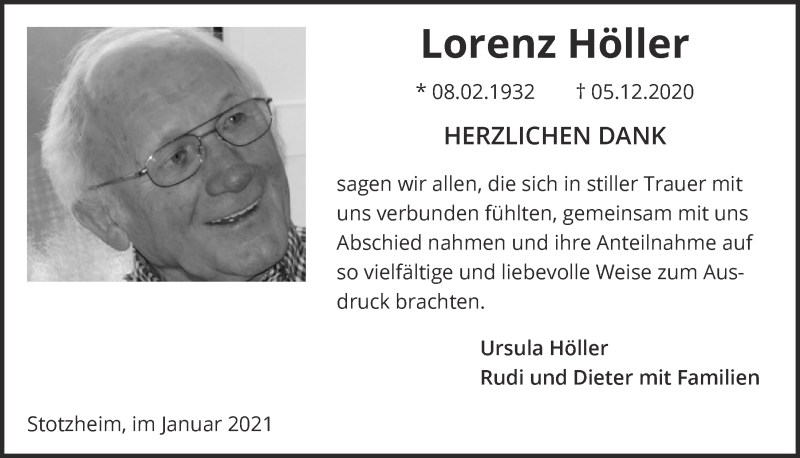  Traueranzeige für Lorenz Höller vom 23.01.2021 aus  Blickpunkt Euskirchen 