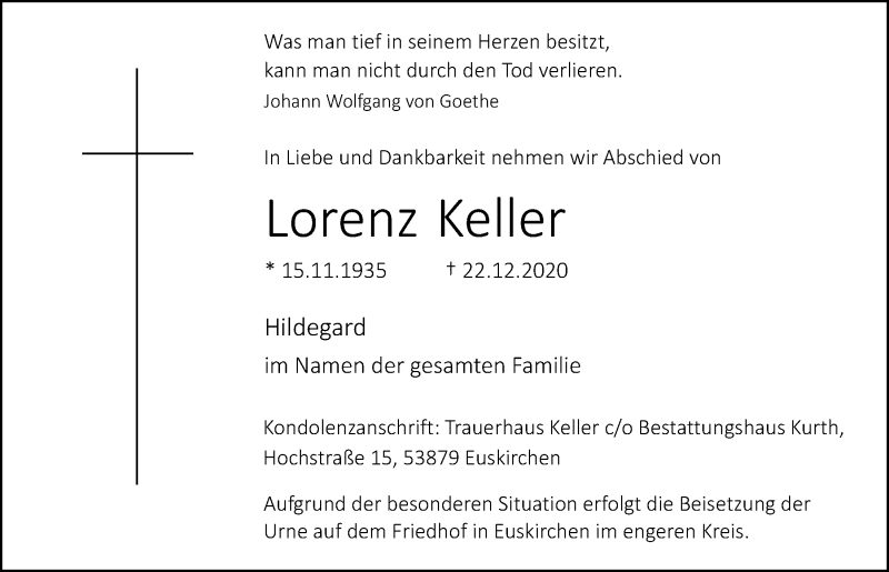 Traueranzeige für Lorenz Keller vom 09.01.2021 aus  Blickpunkt Euskirchen 