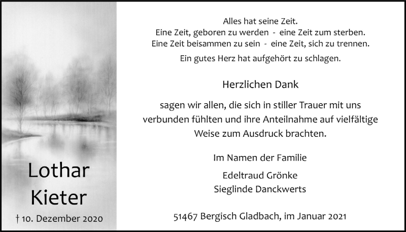  Traueranzeige für Lothar Kieter vom 22.01.2021 aus  Bergisches Handelsblatt 