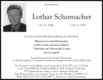Anzeige von Lothar Schumacher von Kölner Stadt-Anzeiger / Kölnische Rundschau / Express